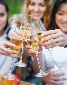 Celebration. People holding glasses of champagne making a toast outdoors. Summer picni